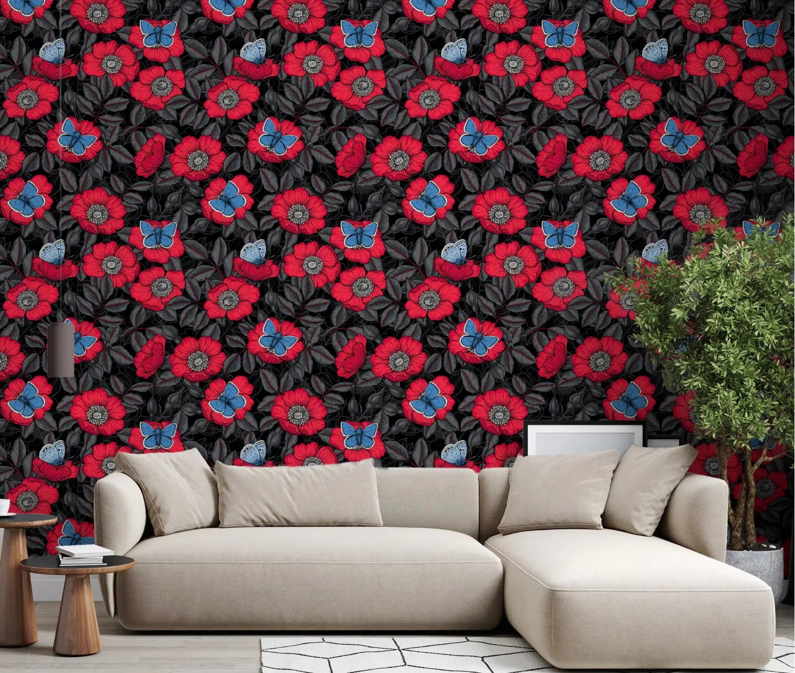 The living room takes a moodier turn beside this Dog Rose Butterfly wallpaperGD9559