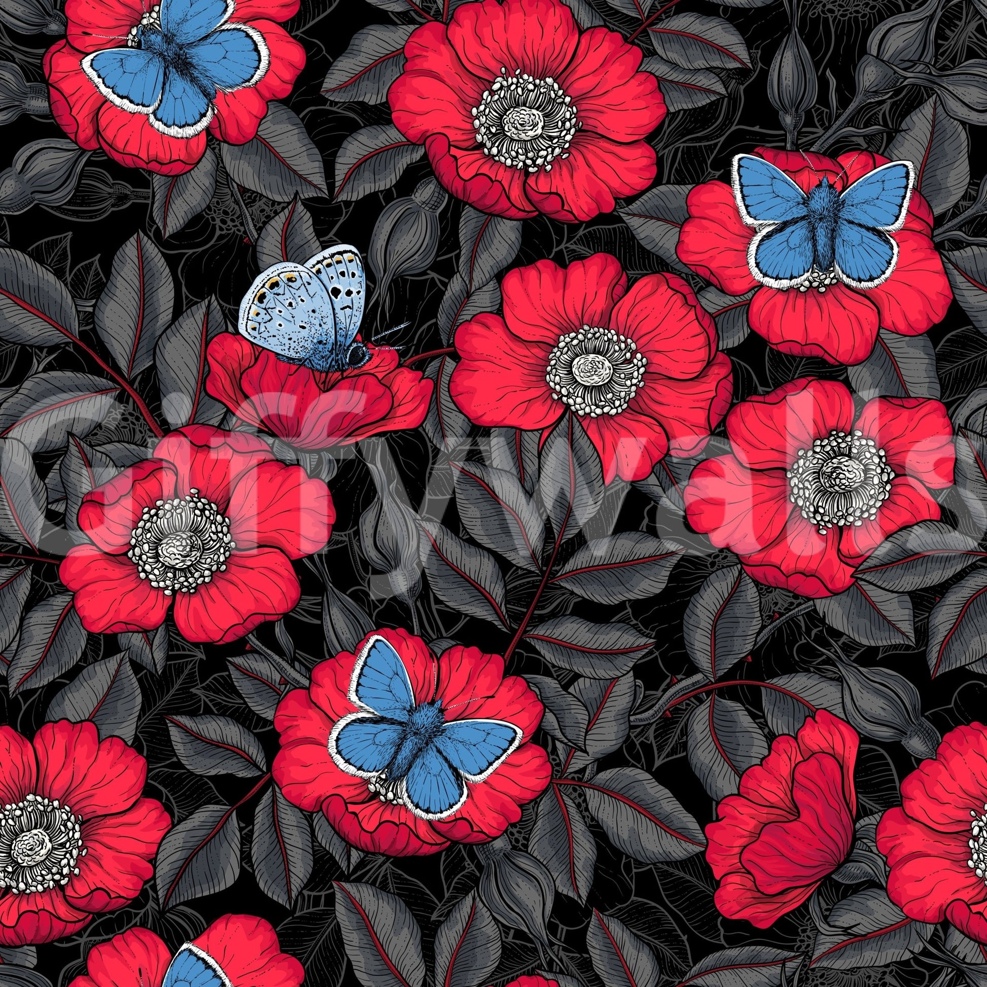 A moody, gothic floral feel runs through the Red Dog Rose Butterfly wallpaper⁠GD9559