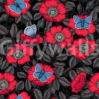 A moody, gothic floral feel runs through the Red Dog Rose Butterfly wallpaper⁠GD9559