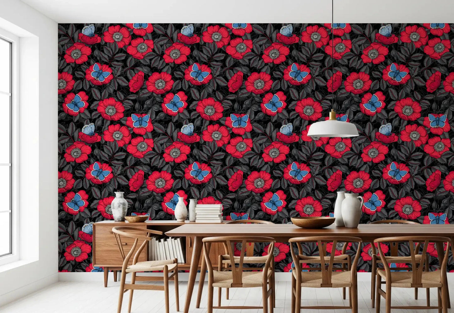 Silvery-gray leaves layer between flowers on the Red Dog Rose Butterfly wallpaper⁠GD9559