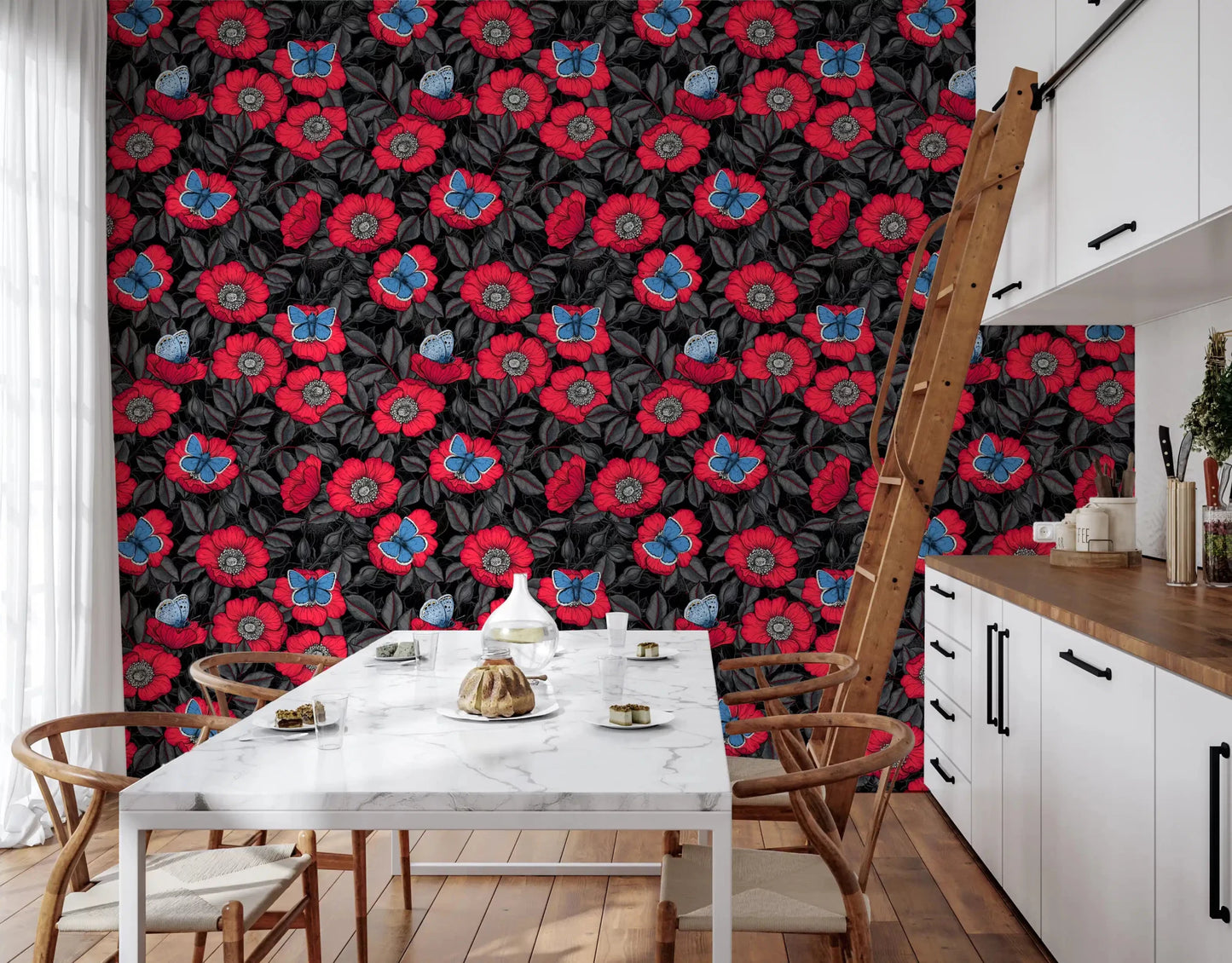 Kitchen-dining loft turns striking with this red-and-blue floral wallpaper
⁠GD9559