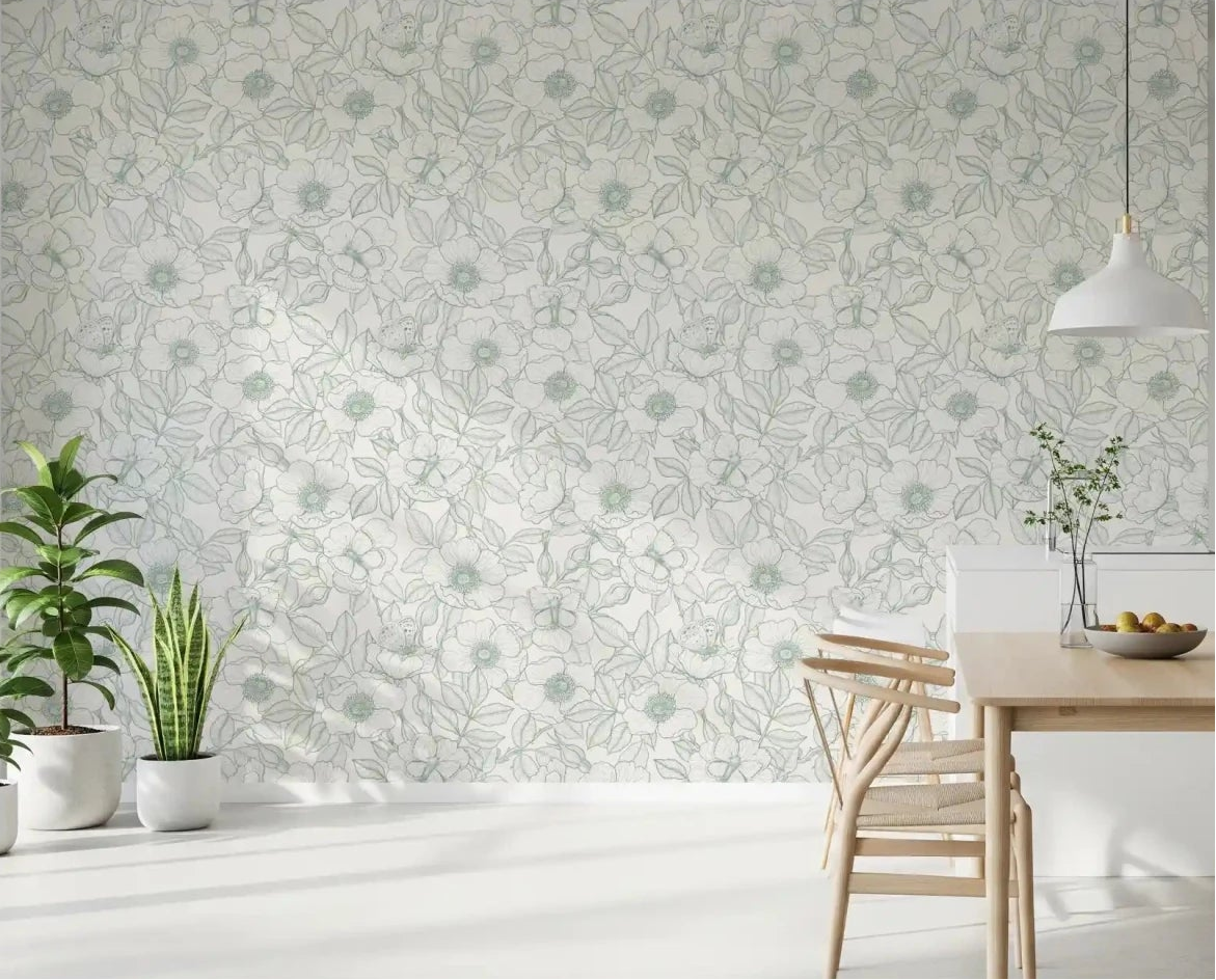 Breakfast nook lightens with the soft green linework wallpaper⁠GD9562