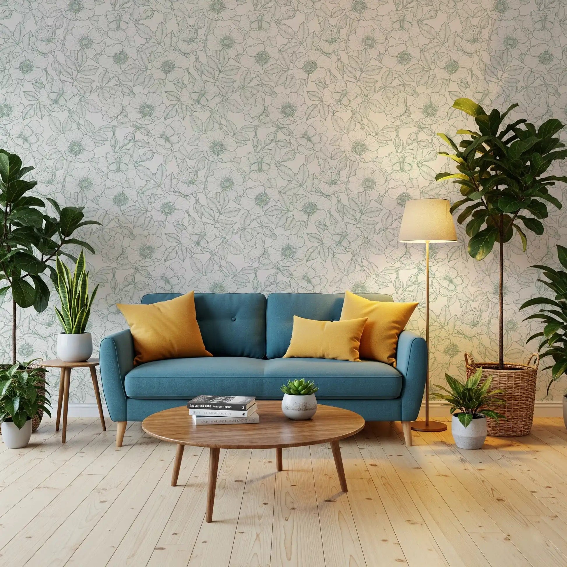 Hand-drawn sage dog roses spread across this Soft Green Linework wallpaperGD9562