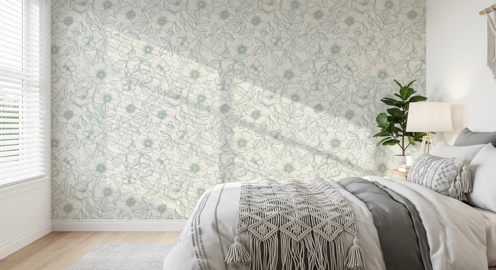 Small butterflies rest among leafy stems on the linework floral wallpaper⁠GD9562