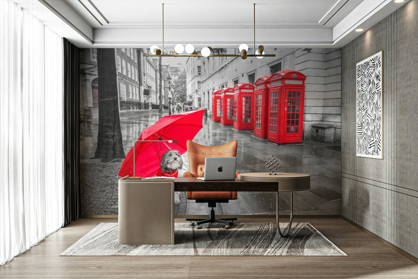 High-resolution image of a dog under an umbrella in London.

