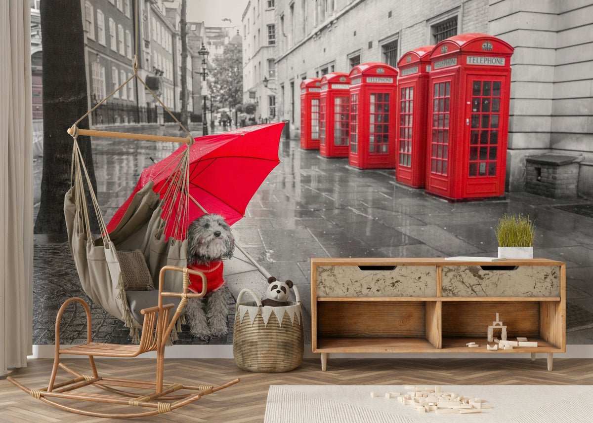 Dog sitting under a bright red umbrella. GD2981

