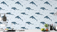 Whimsical dolphins wallpaper for kids’ rooms or nautical themes.
