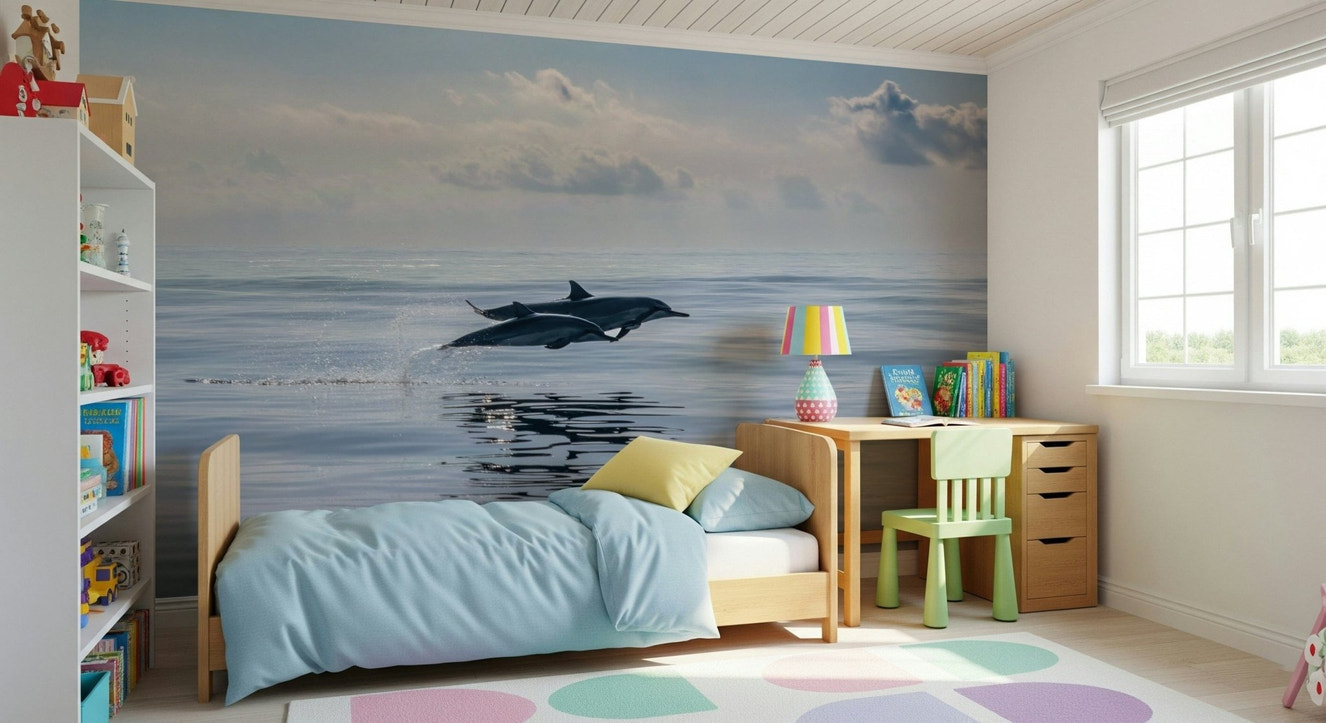 Ocean themed wallpaper featuring marine life for a playful nursery.