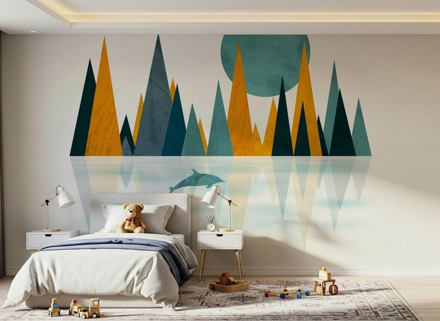 Dolphins Sunset wall mural featuring geometric gold peaks and moon.
