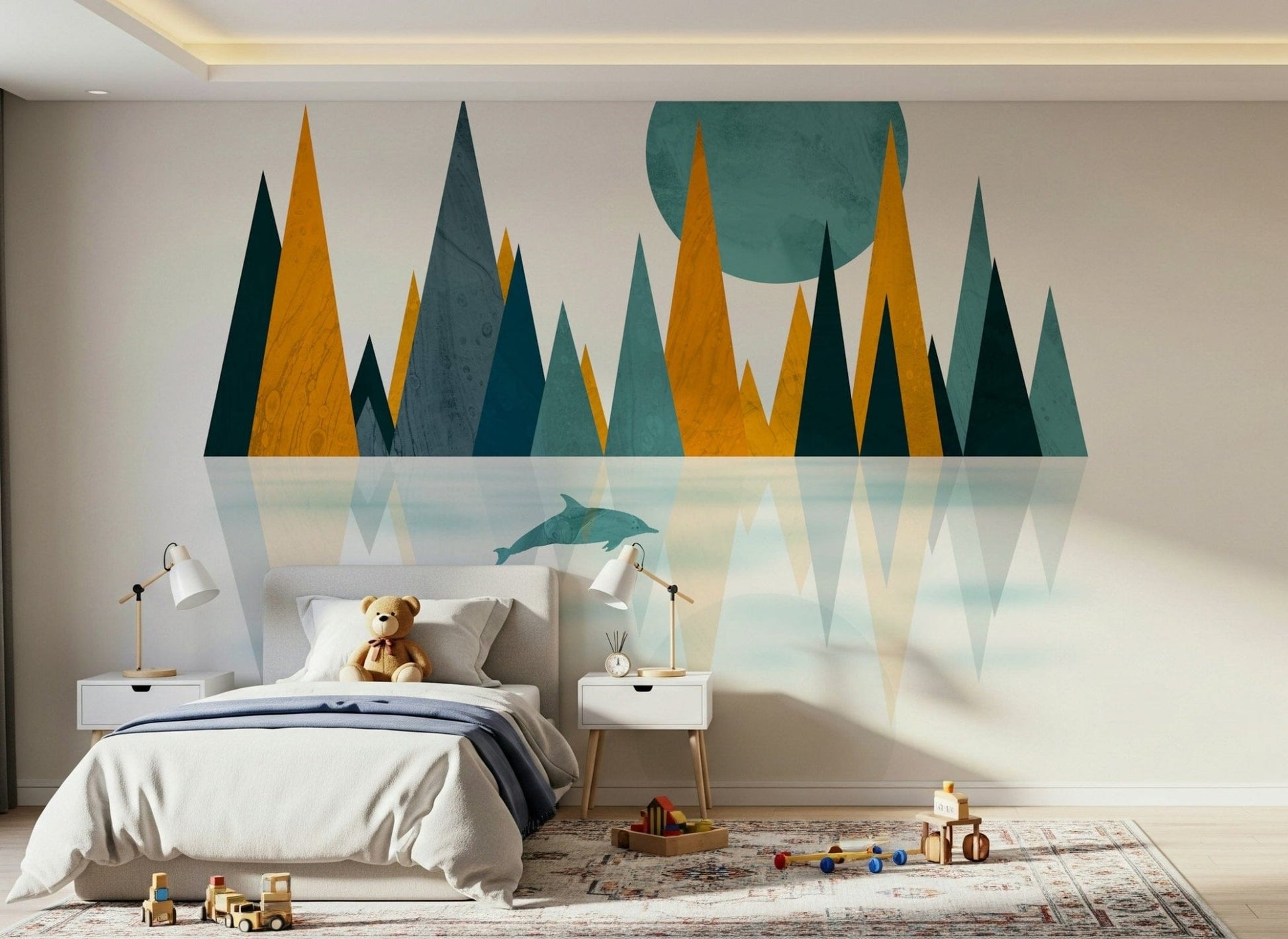 Dolphins Sunset wall mural featuring geometric gold peaks and moon.