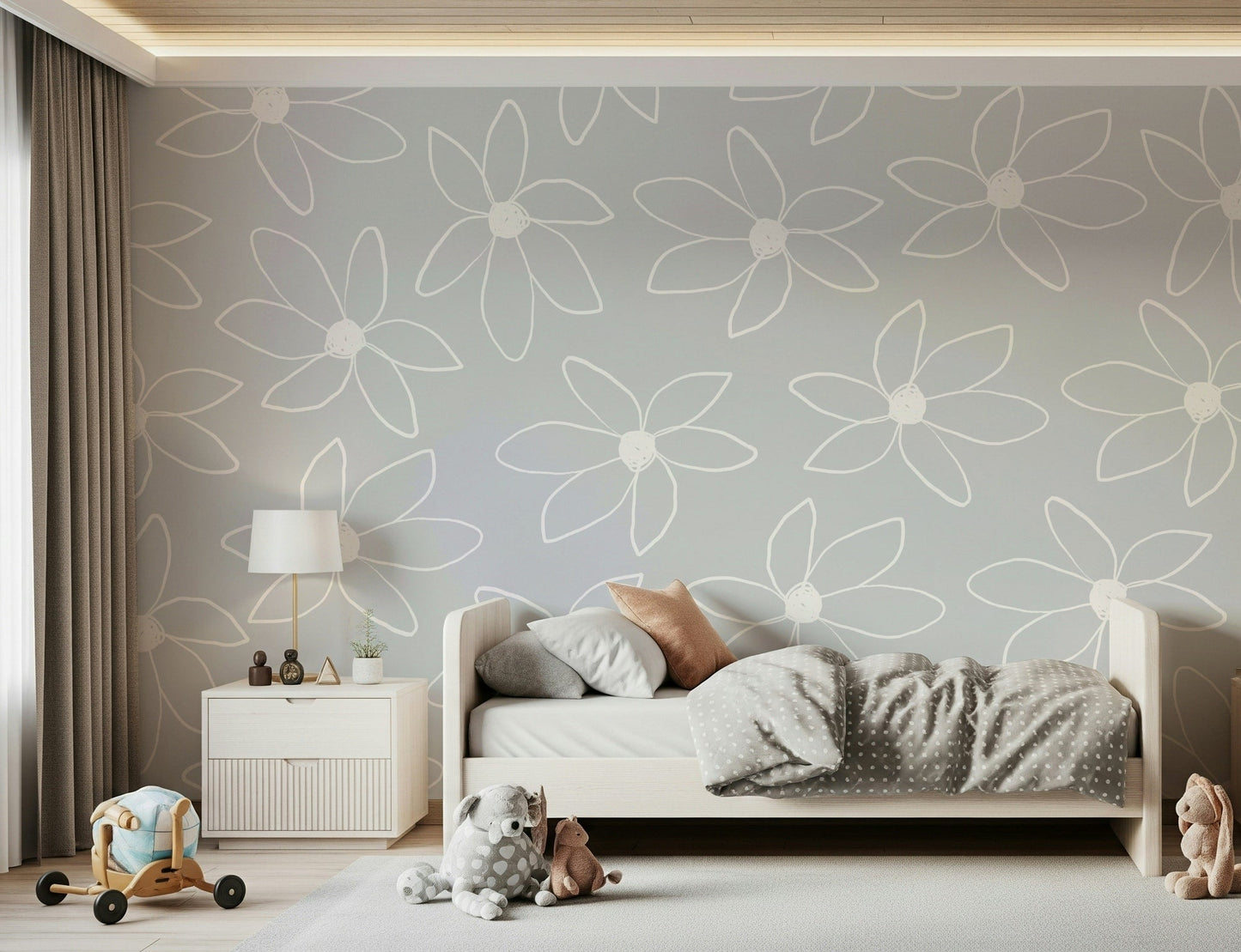 A beautiful modern art wall mural of playful flowers.

