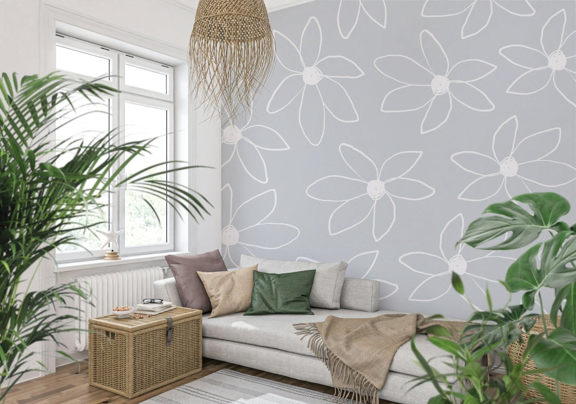 A peaceful hand-drawn flower mural on decorative wallpaper.

