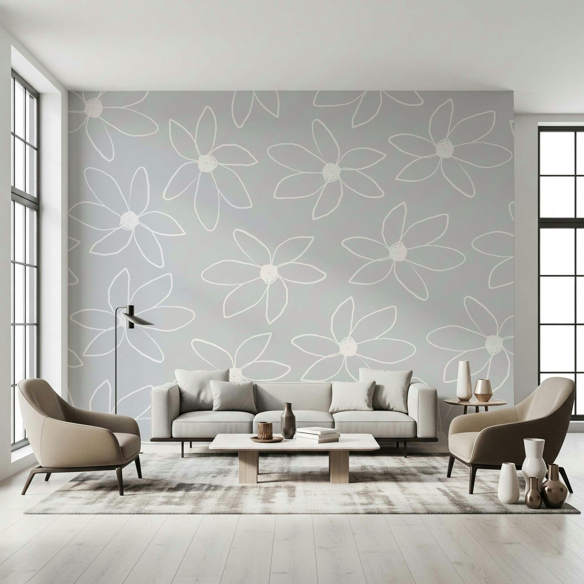 An artistic delicate bloom mural on minimalist wallpaper.

