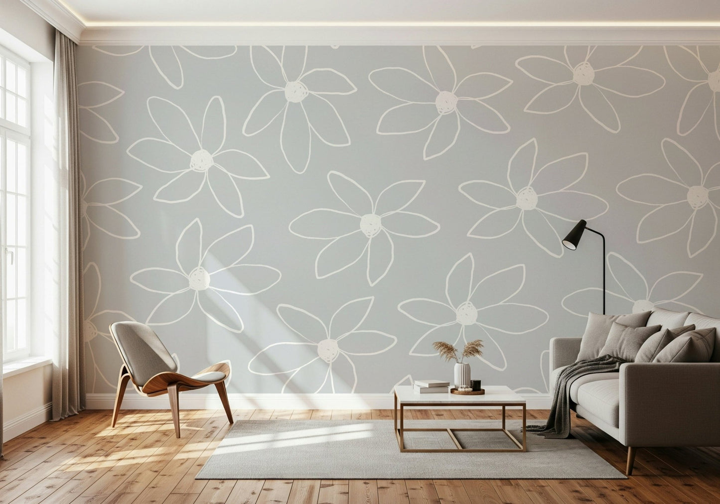 A classic soft floral wallpaper for walls.


