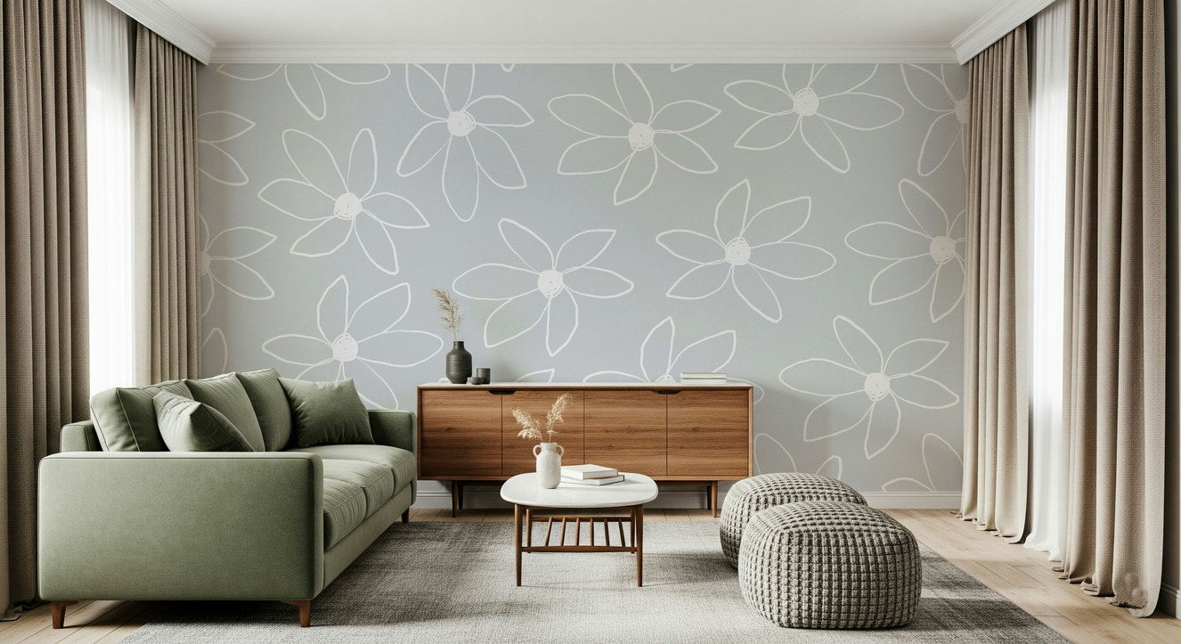 A beautiful whimsical doodle flower wallpaper mural for a child's room.

