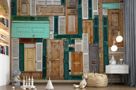 A beautiful abstract collage wallpaper mural featuring layered door and architectural fragments., GD6031