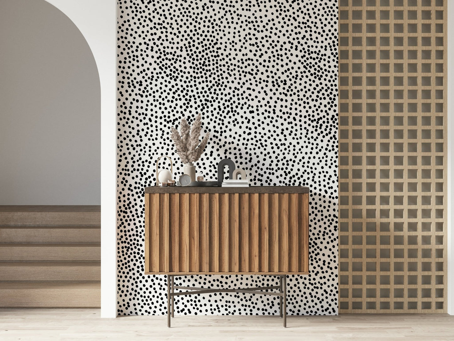 Entryway accent wall with the colorful Dotted Delight peel and stick wallpaper.