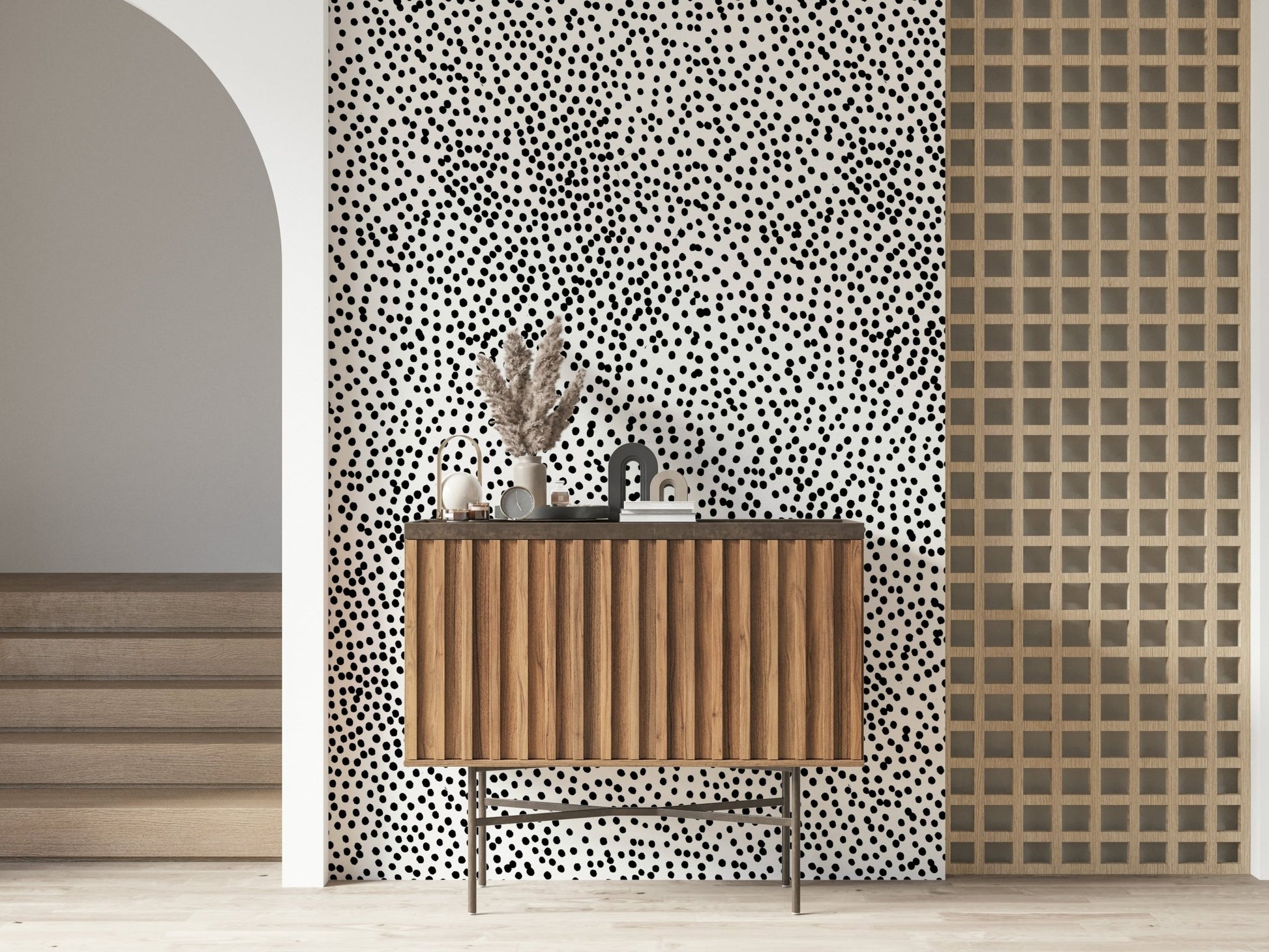 Entryway accent wall with the colorful Dotted Delight peel and stick wallpaper.
