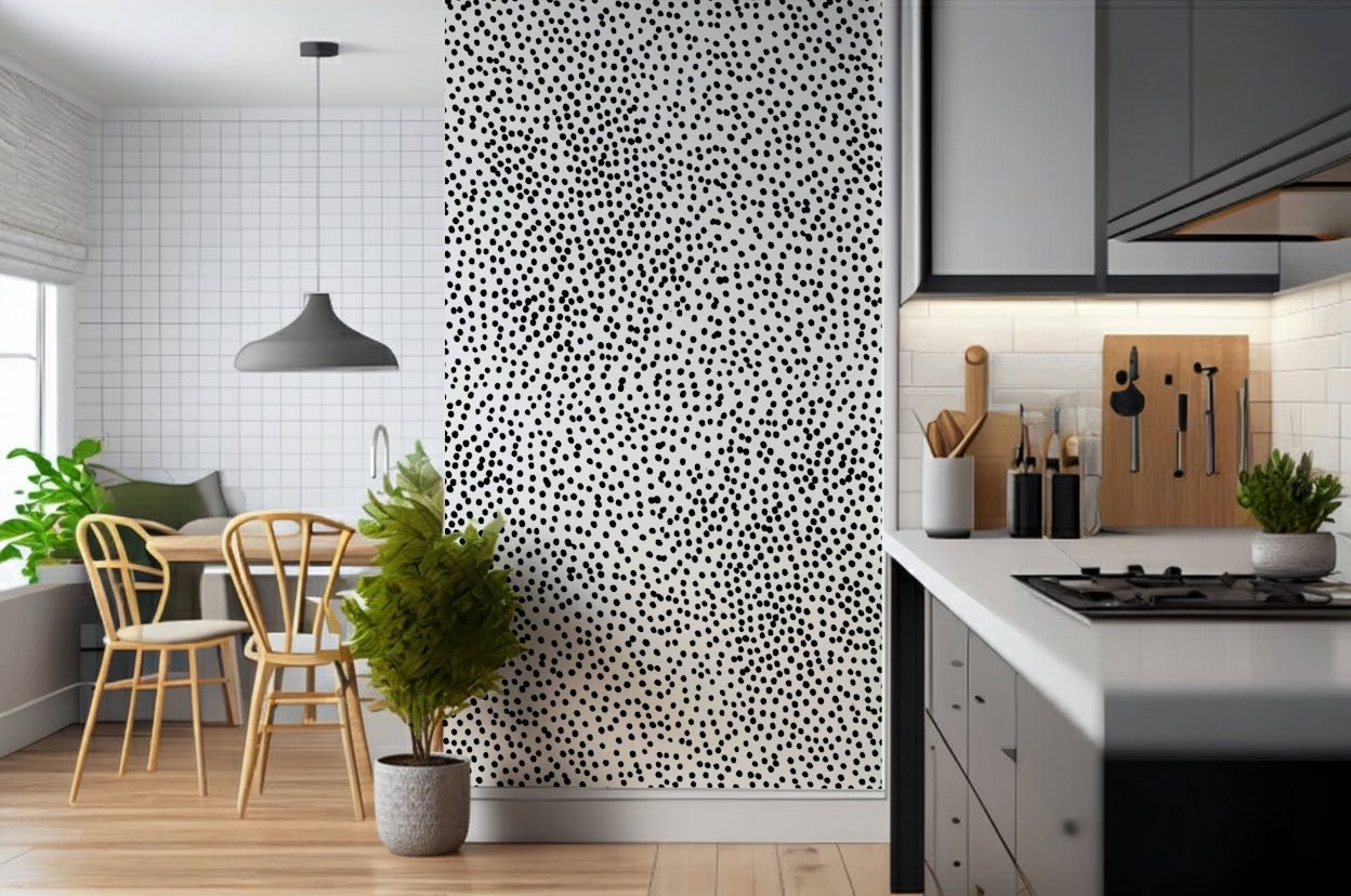 Contemporary furniture styled against the Dotted Delight wallpaper.
