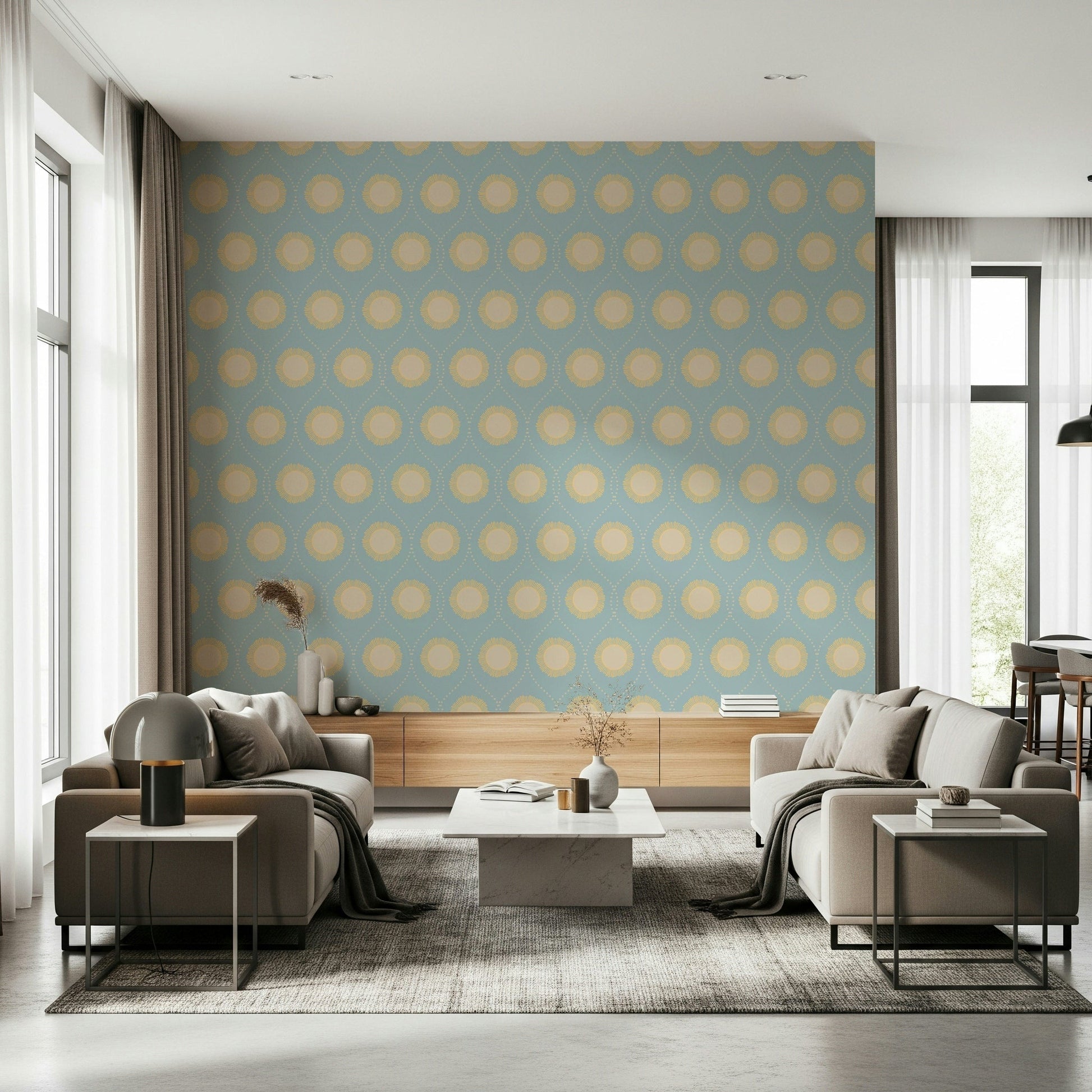 Repeated circular motif on the Dotted Diamonds Wallpaper print.