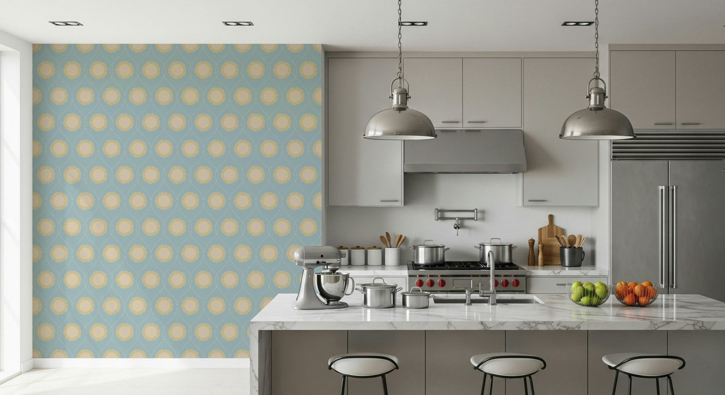 Artistic blue mural wallpaper with diamond shapes.