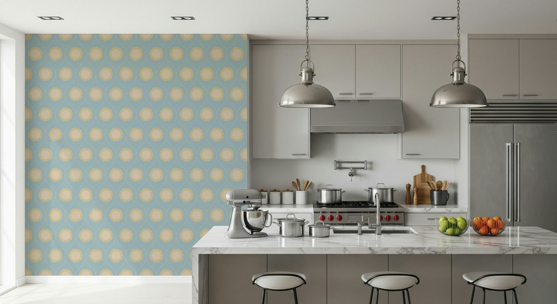 Artistic blue mural wallpaper with diamond shapes.