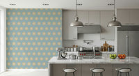 Artistic blue mural wallpaper with diamond shapes.