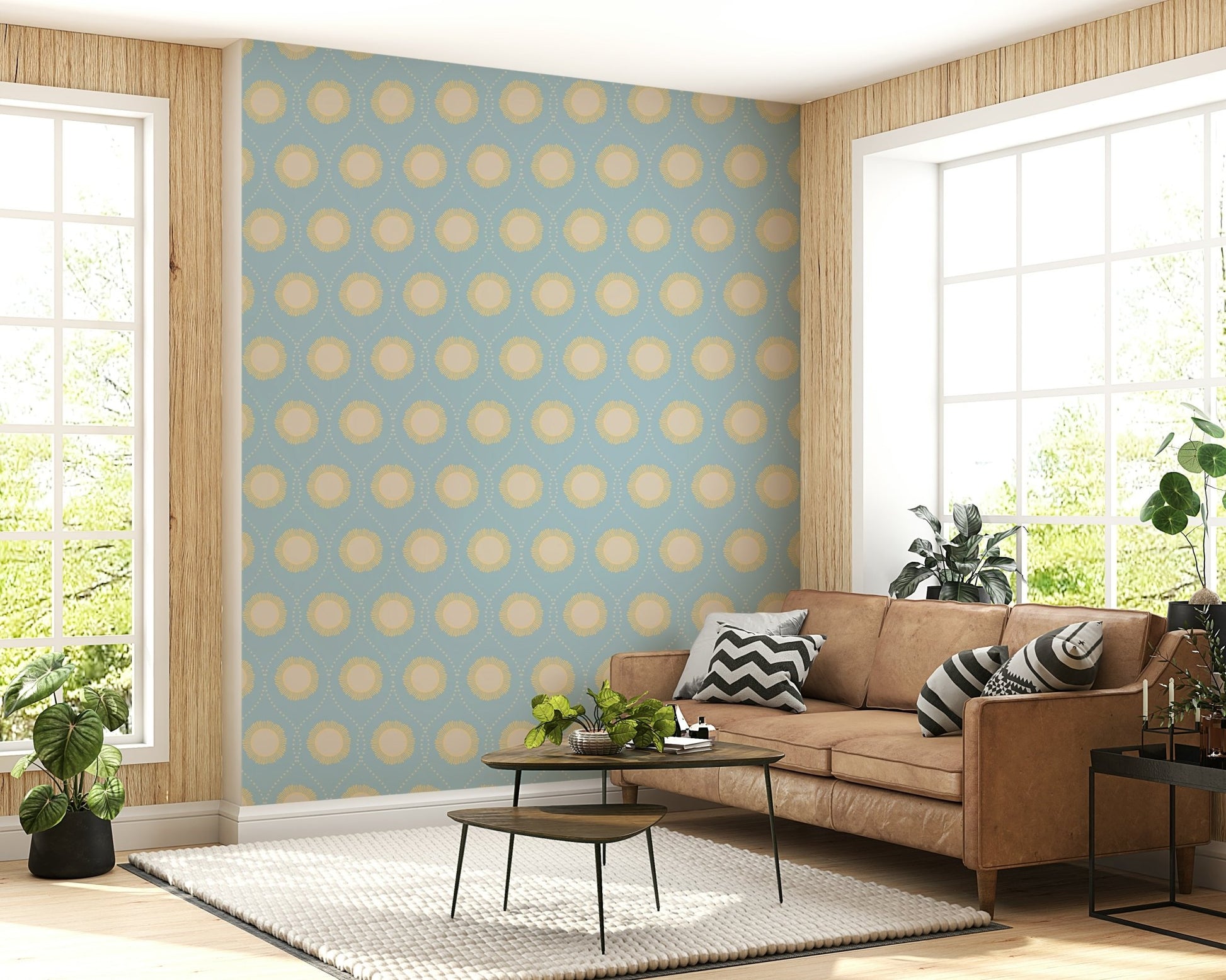 Wide room perspective featuring the dynamic Dotted Diamonds Wallpaper.