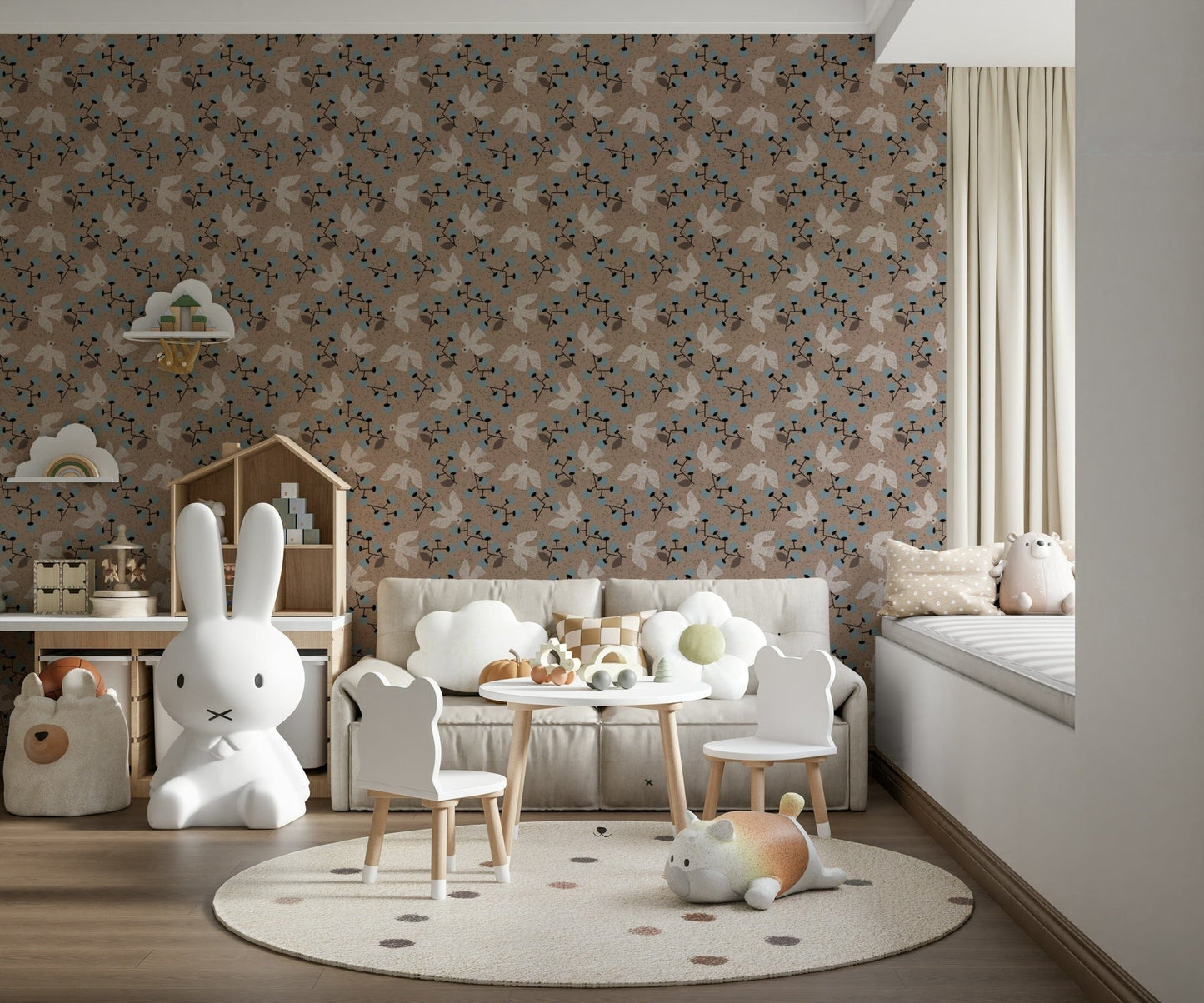 Textured Dove & Berry Delight pattern showcasing flying creatures., GD6994