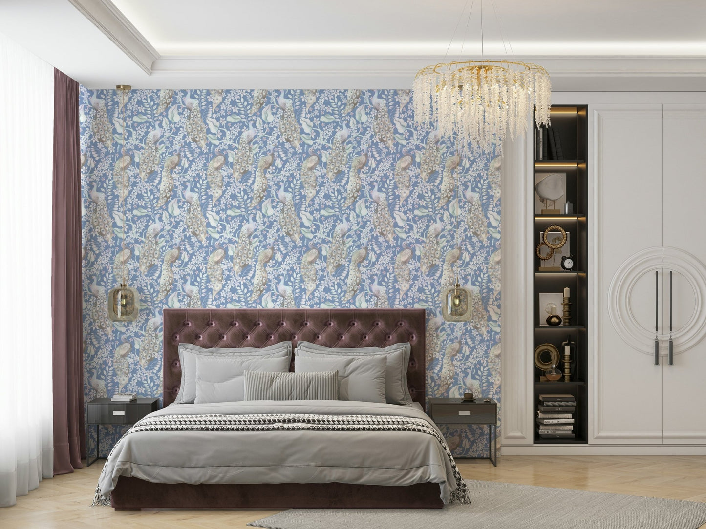 Soft tropical wallpaper with feather motifs


