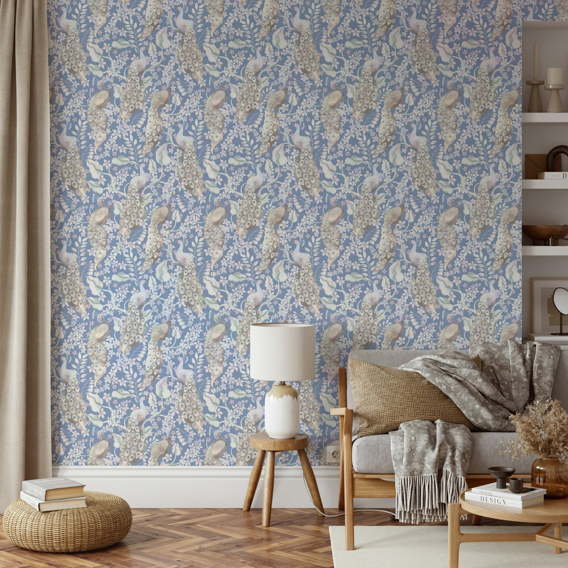 Dove Blue Peacock Paradise wallpaper detail

