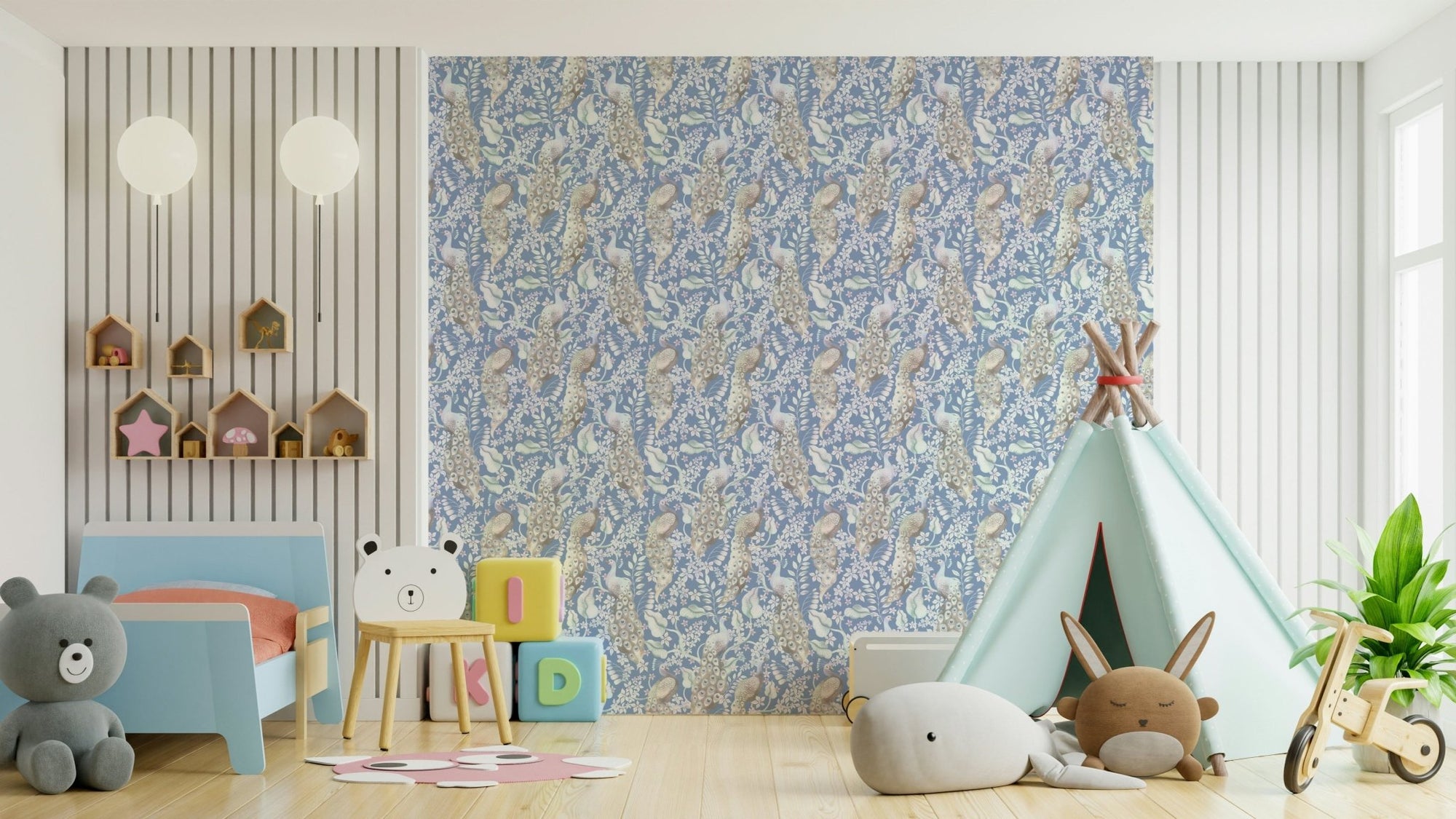 Soft blue peacock feather wallpaper pattern GD530

