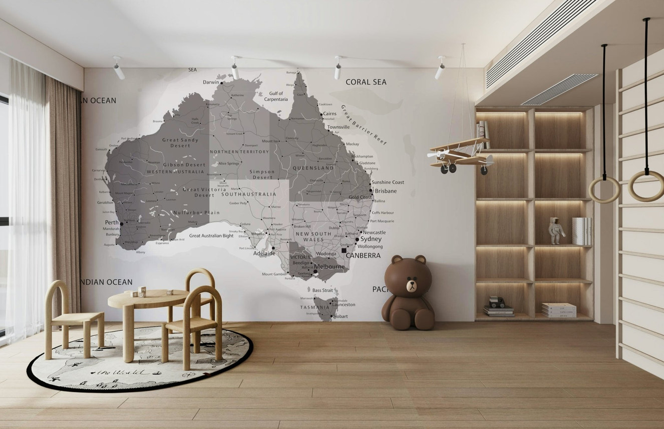 A wall mural of a peaceful map of Australia.

