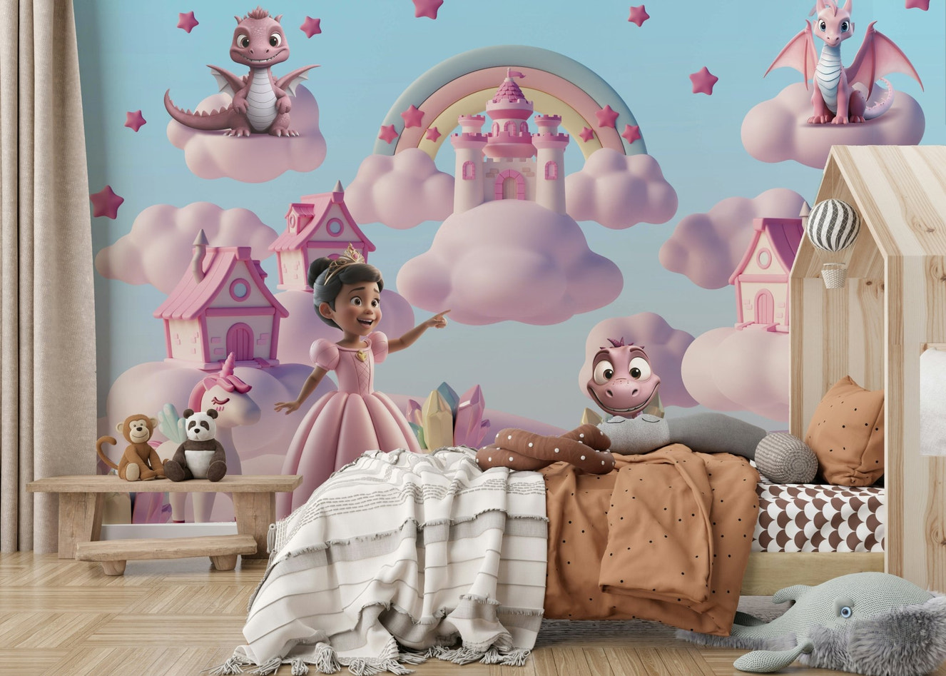 A full-wall mural of a fantastical, cartoon landscape.
