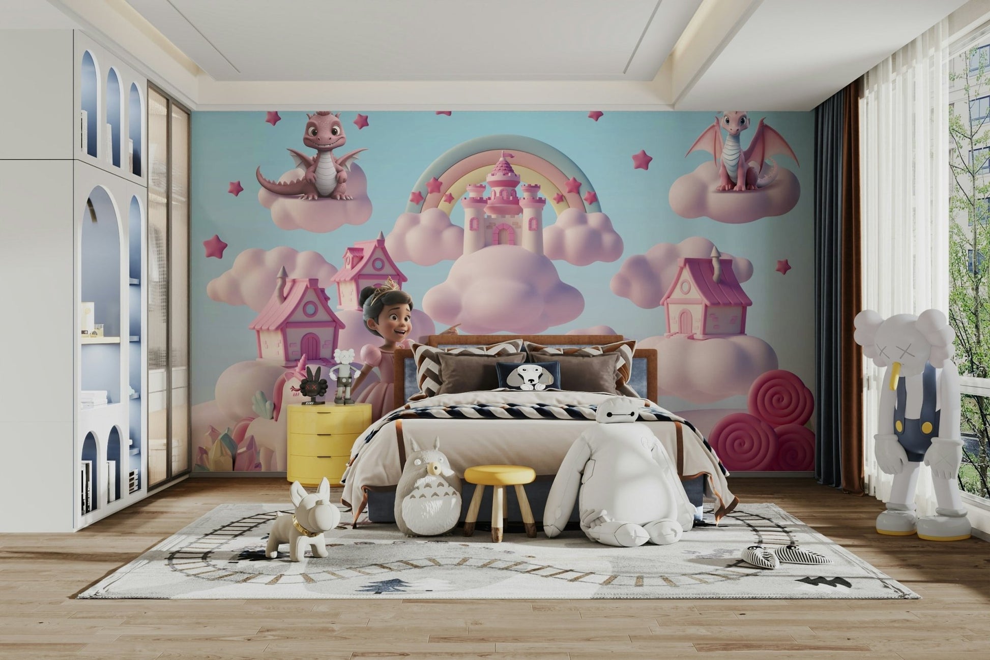 The image features friendly, cartoon dragons flying around a castle made of candy.
