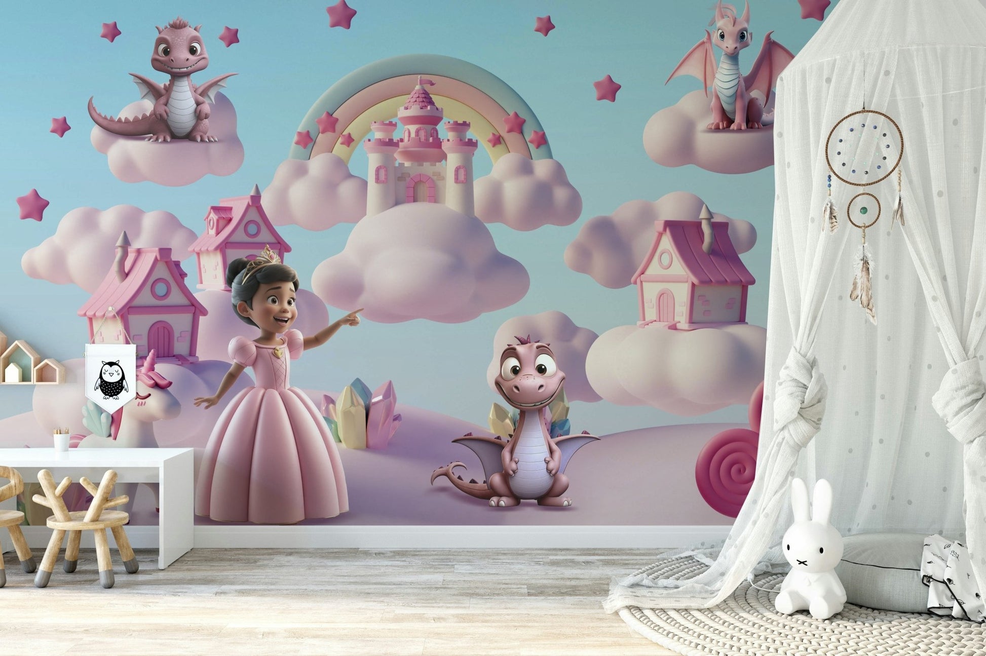 The mural is created for an entire wall, providing an immersive feel.
