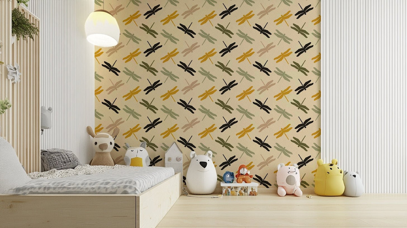 Mustard green wallpaper with dragonflies in flight.

