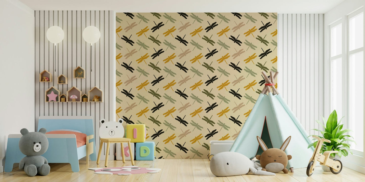 Chic botanical wallpaper with stylized flying dragonflies.

