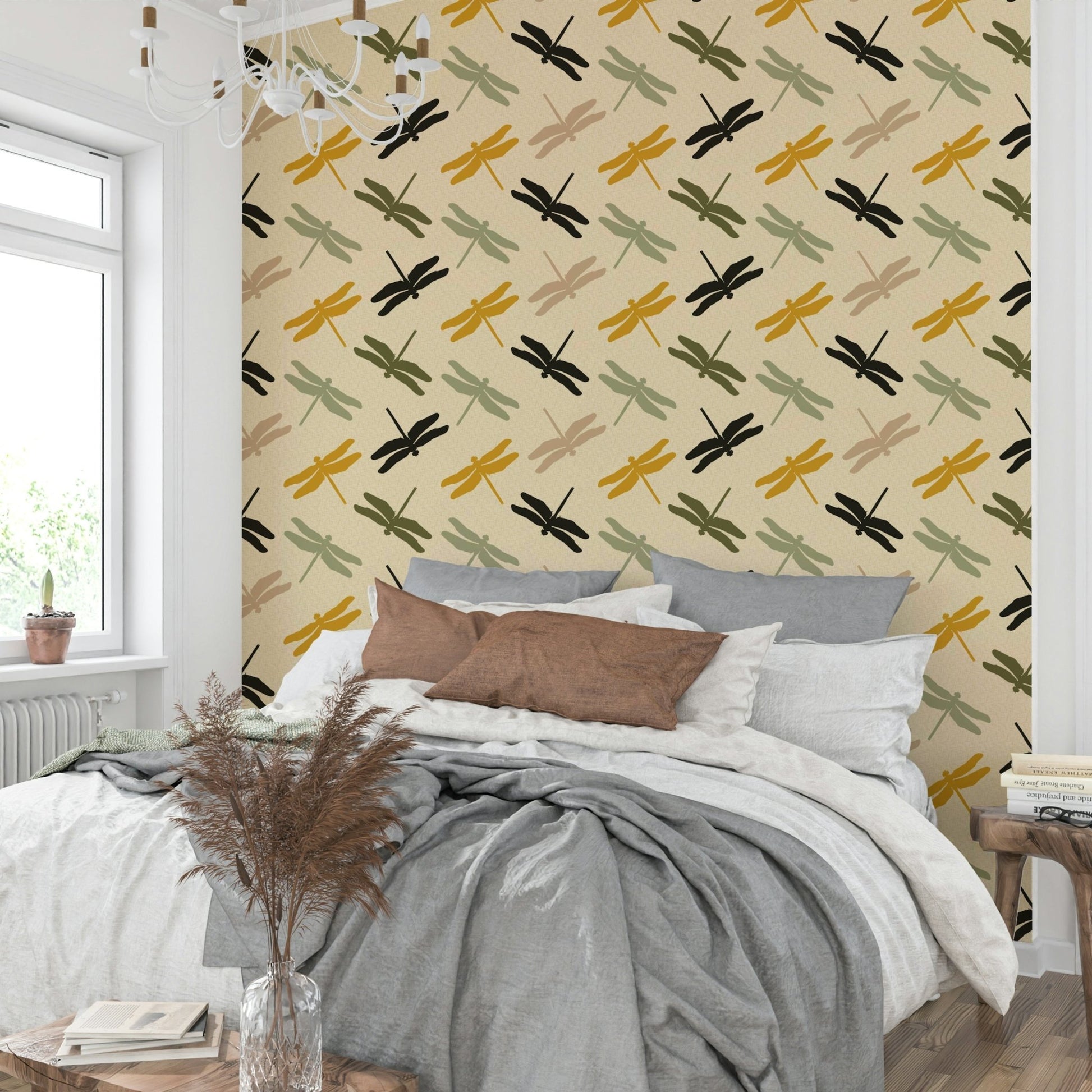 Wallpaper showing dragonflies in motion over olive-gold hues.

