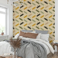 Wallpaper showing dragonflies in motion over olive-gold hues.

