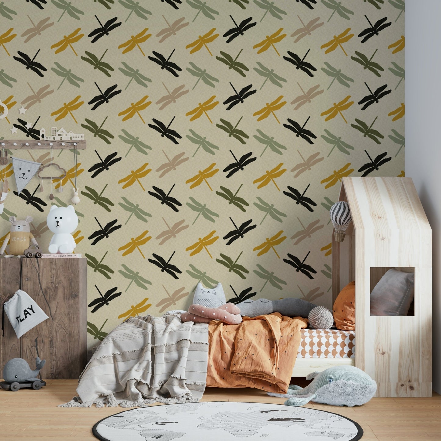Elegant wallpaper featuring dragonflies against mustard green.

