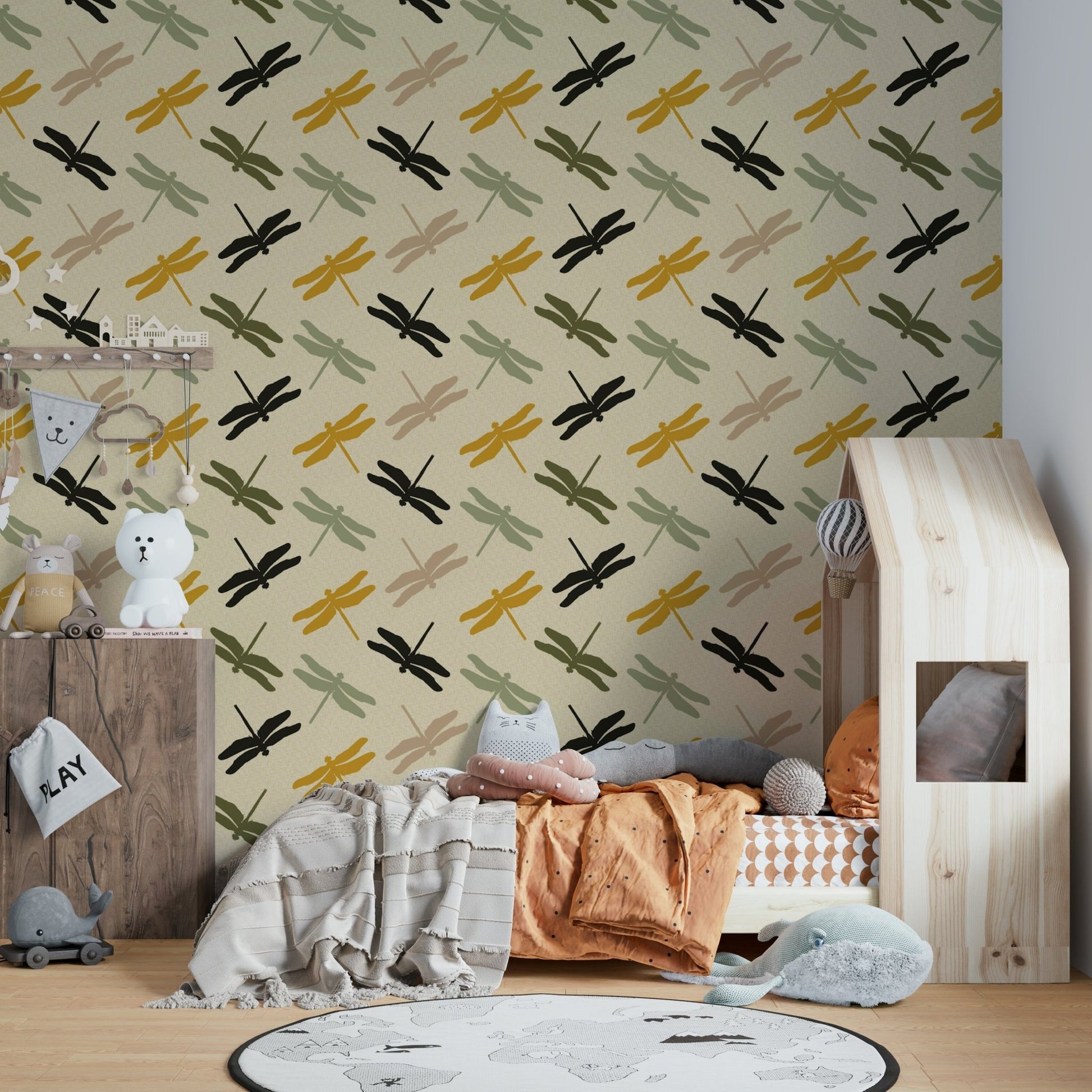 Elegant wallpaper featuring dragonflies against mustard green.

