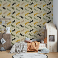 Elegant wallpaper featuring dragonflies against mustard green.


