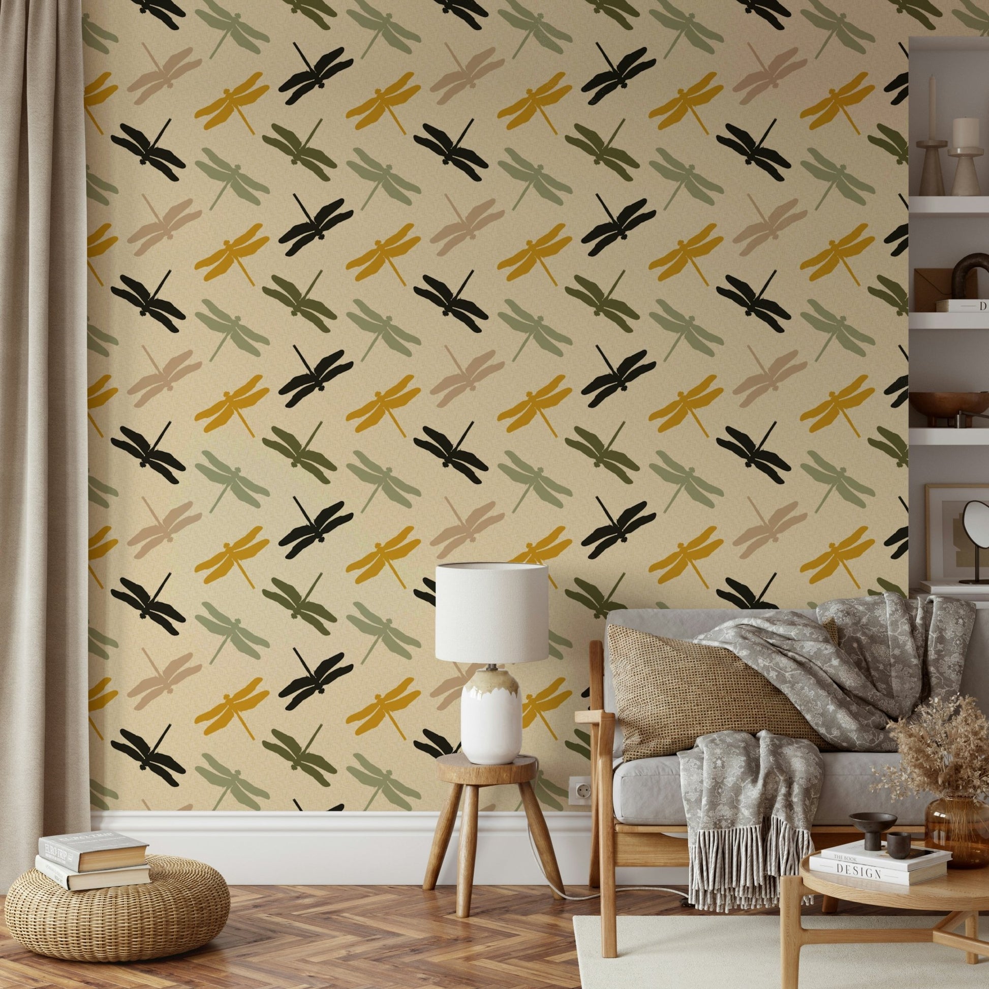 Graceful dragonfly silhouettes on bold yellow-green background.

