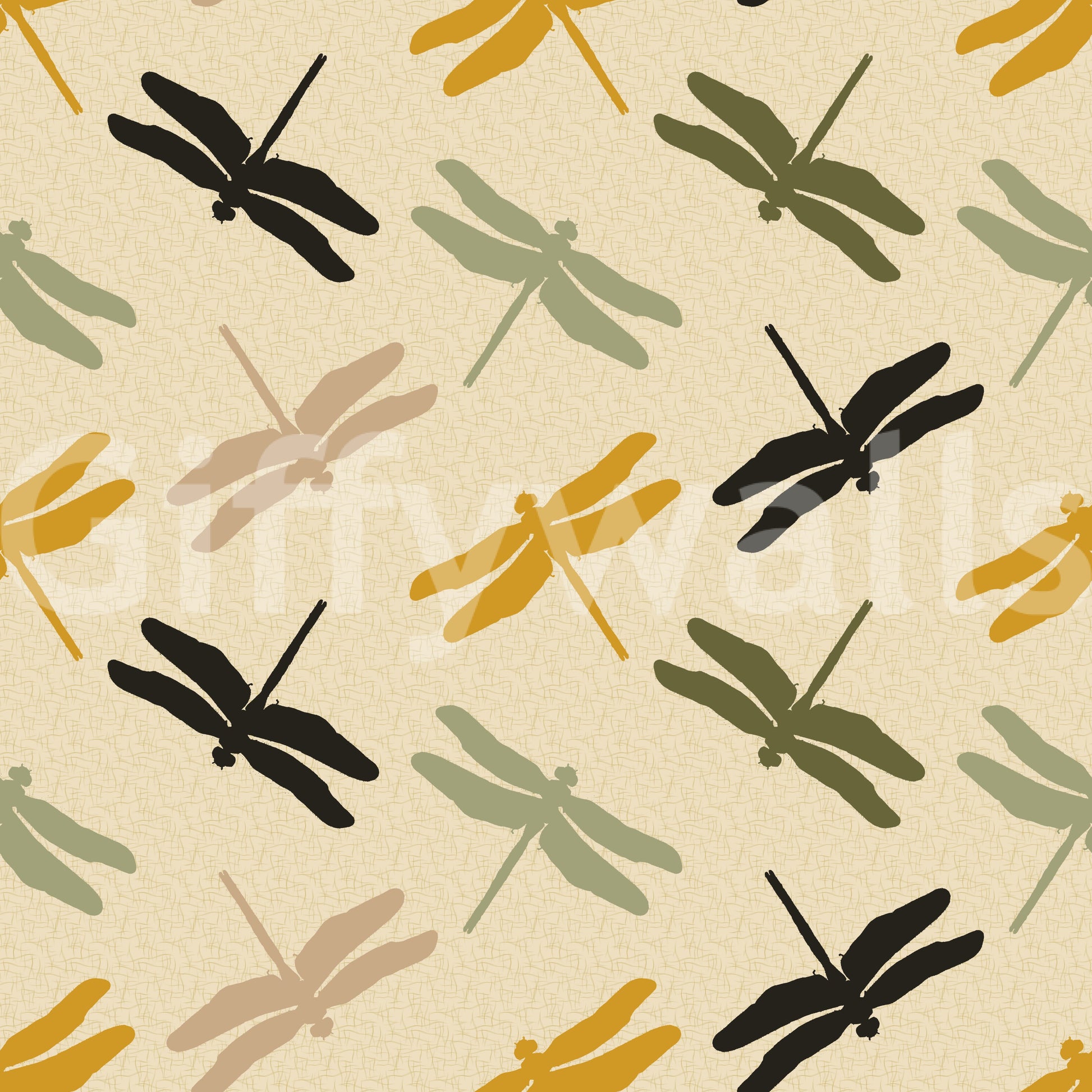 Hand-drawn dragonfly design on mustard green textured print.

