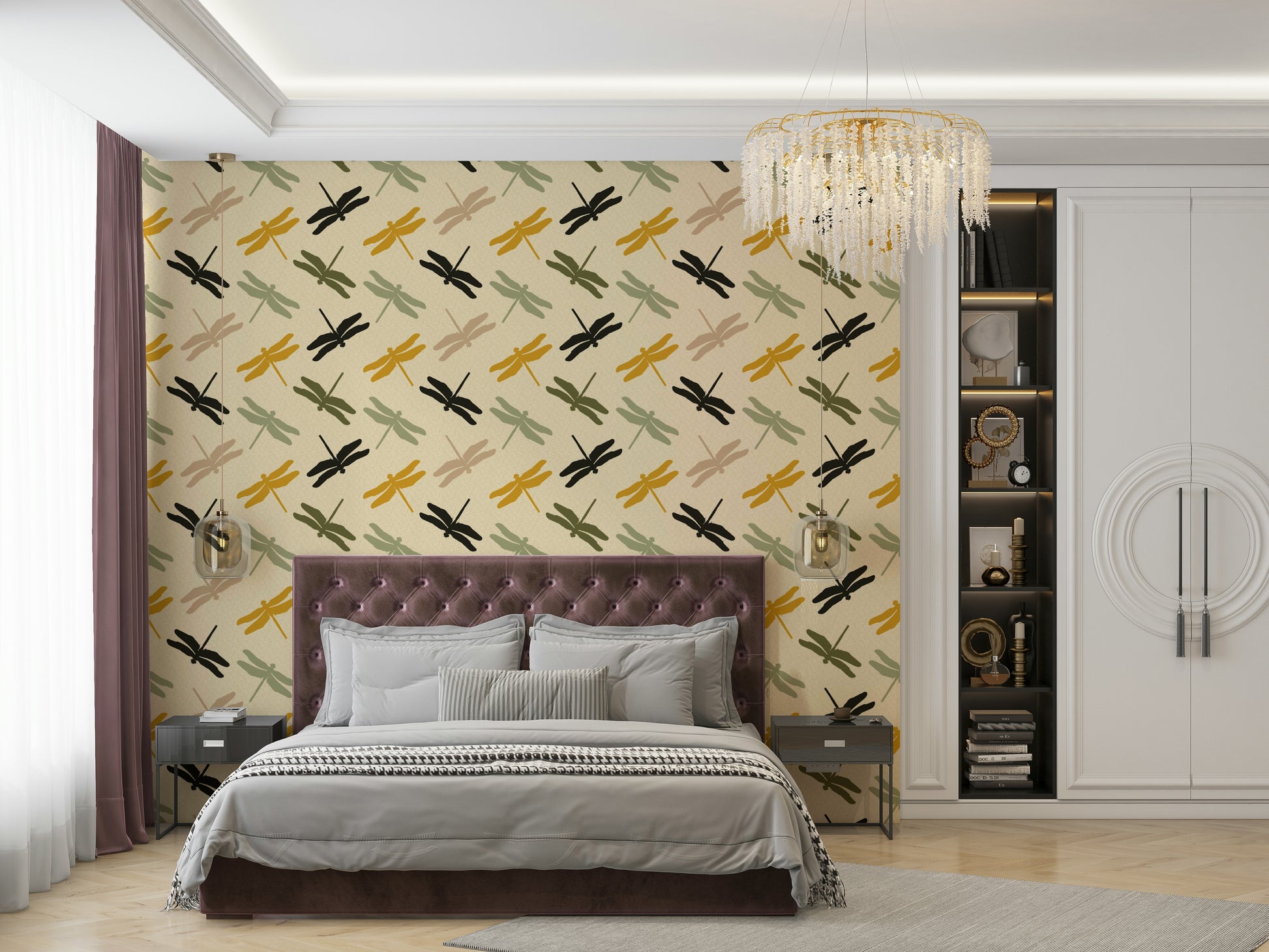 Modern living room wallpaper with dragonfly silhouettes.


