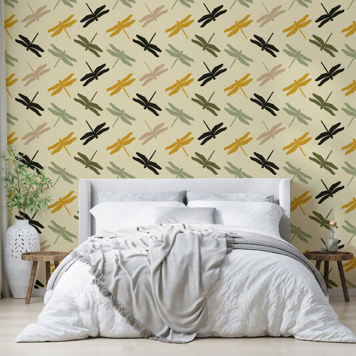 Earth-toned wallpaper with natural motifs of dragonflies.

