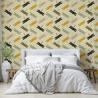 Earth-toned wallpaper with natural motifs of dragonflies.

