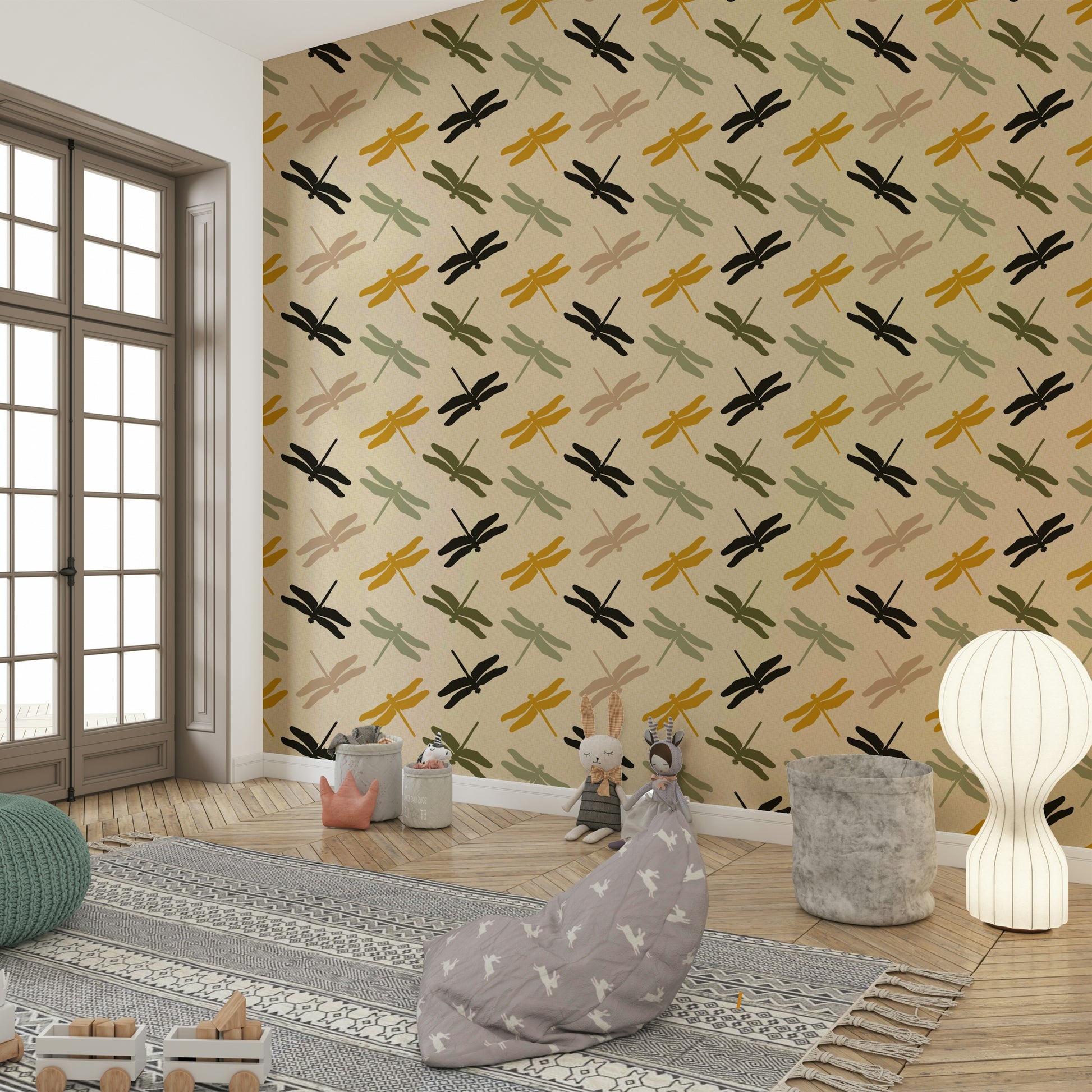 Graphic dragonfly pattern on a matte mustard wall covering.

