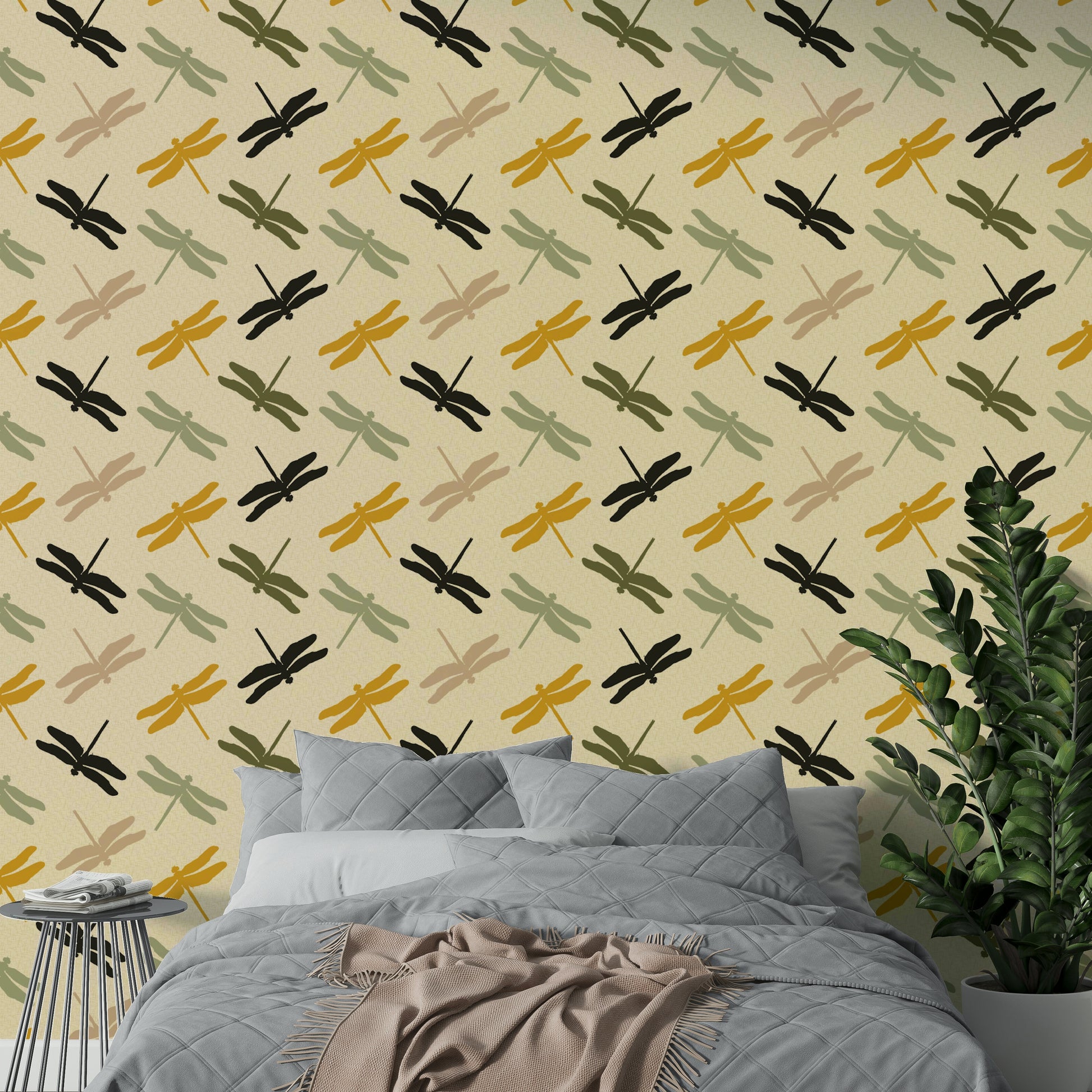 Contemporary insect wallpaper with a vintage garden feel.

